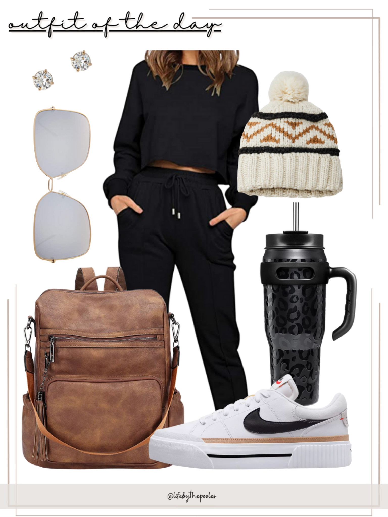 Casual winter outfit of the day, black winter outfit, chic style, joggers, jogger set, crop top sweatshirt, black lounge set, Nike sneakers, faux leather backpack, winter beanie, January fashion, early spring outfits, 40oz tumbler, Stanley, amazon fashion, amazon finds, amazon style, mom outfits, simple outfit ideas, outfit inspo, #joggers #amazon #nike #stanley #winter #spring #fashion #outfitoftheday #LTKitbag 

#LTKstyletip #LTKunder50 #LTKshoecrush