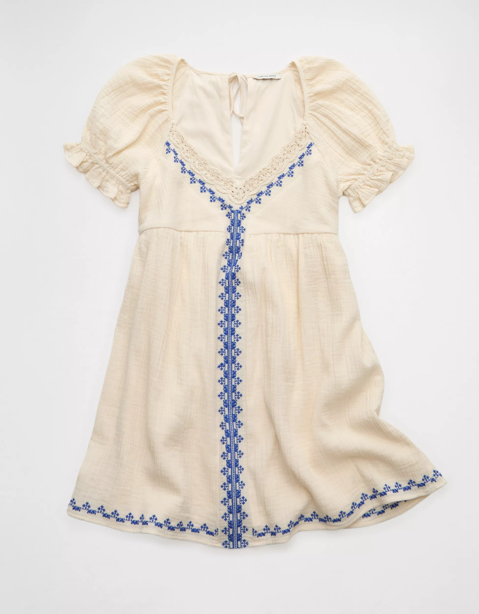AE Embroidered Puff-Sleeve Babydoll Mini Dress | American Eagle Outfitters (US & CA)