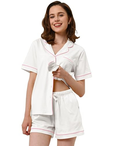 NAP BOUND Cotton Womens Pajamas Sets Button Down Short Sleeve and Shorts with Pockets Pjs 2 Piece White Notch Collar Lounge Sets XS-XXL Soft Sleepwear (ShortWhite,M) | Amazon (US)