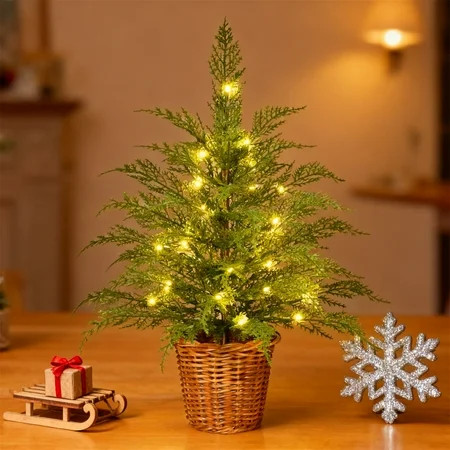 24" Pre-Lit Green Cypress Artificial Christmas Tree, Warm White LED Lights Twinkling Glow, Small Tabletop Decoration, Tabletop Decor with Timer Function, for Tabletop, Office, Indoor, Dark Green | Walmart (US)