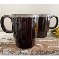 Set Of 2 1970S Stackable Brown Drip Mugs, Made in Japan, Grooved Shiny Coffee, Tea Oatmeal Drippy Top Edges, Narrow Base | Etsy (US)