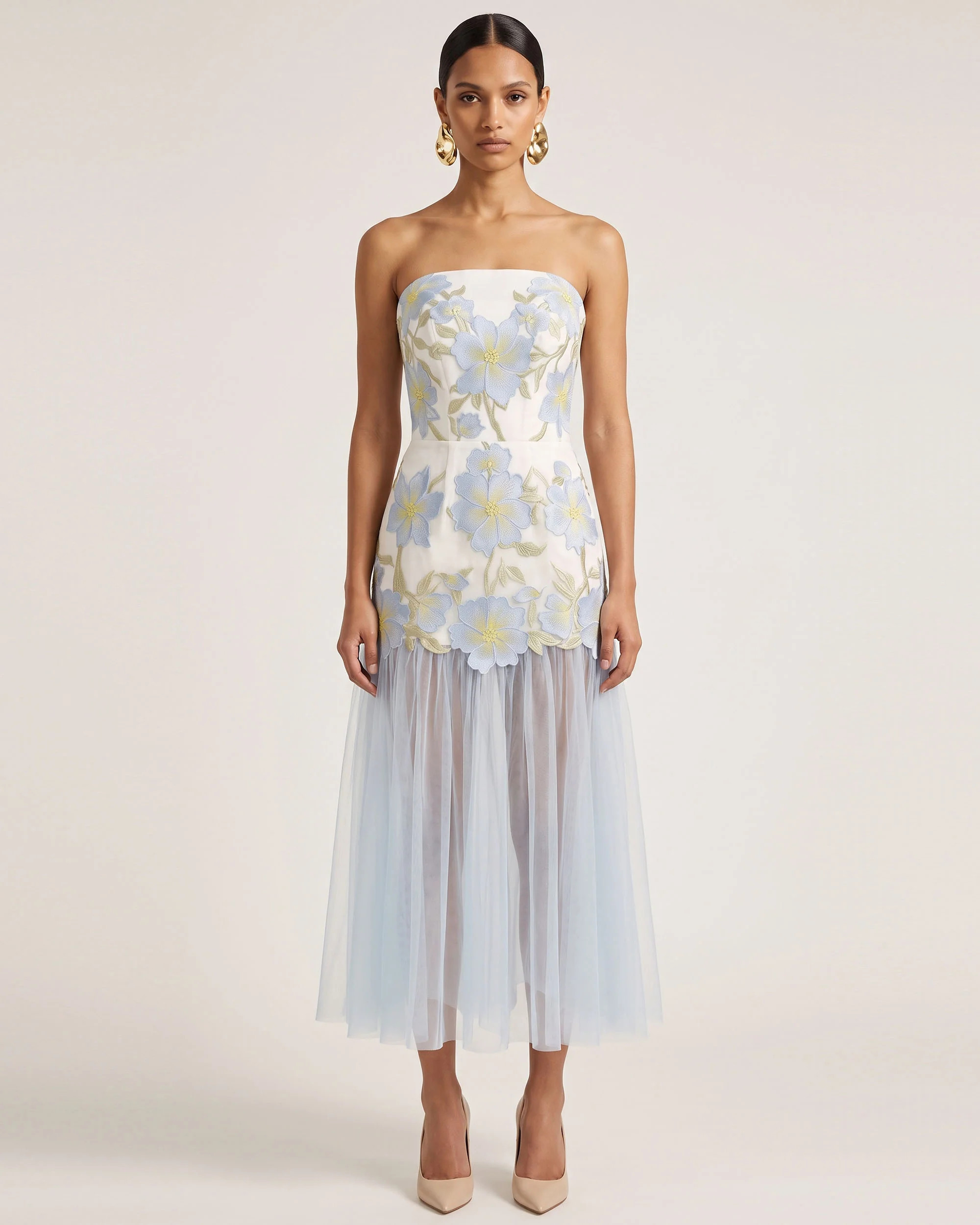 Floral Embroidered Strapless Tulle Maxi Dress - Light Blue | JW PEI US