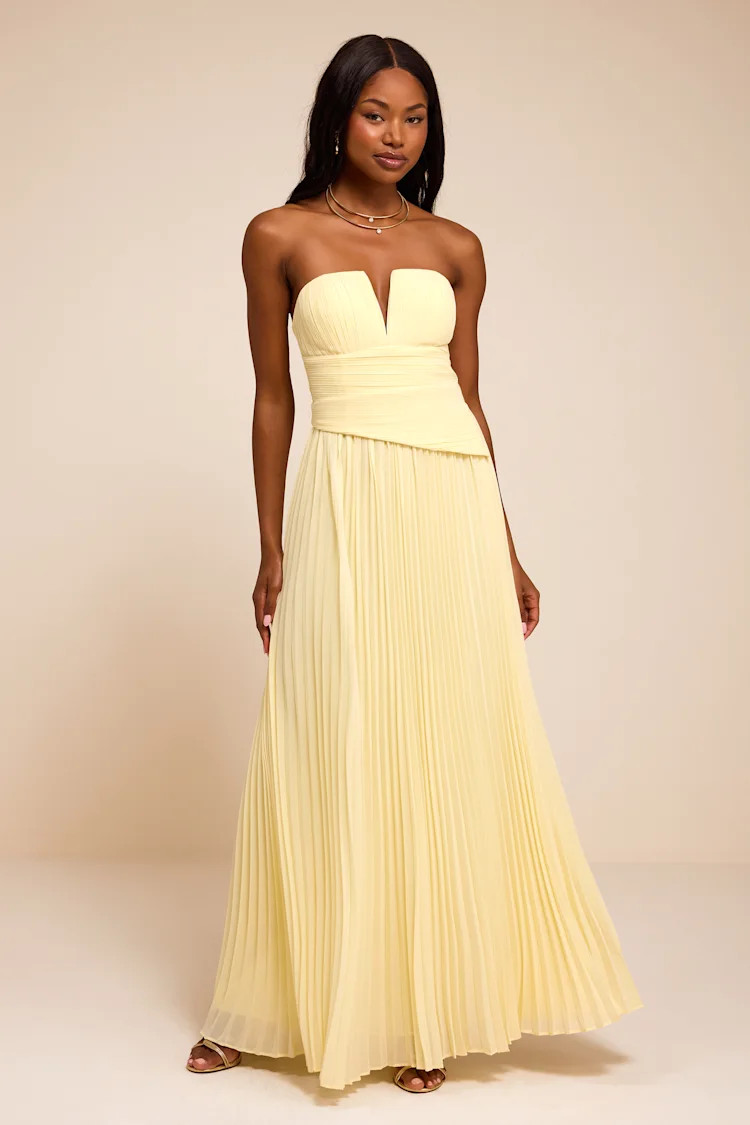 Zea Light Yellow Pleated Drop Waist Maxi Dress | Lulus