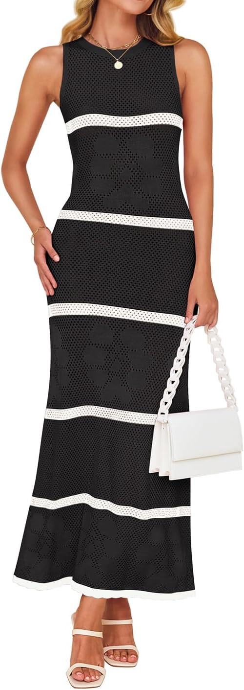 ZESICA Womens Summer Crochet Swimsuit Cover Up 2025 Sleeveless Hollow Out Striped Beach Long Maxi... | Amazon (US)