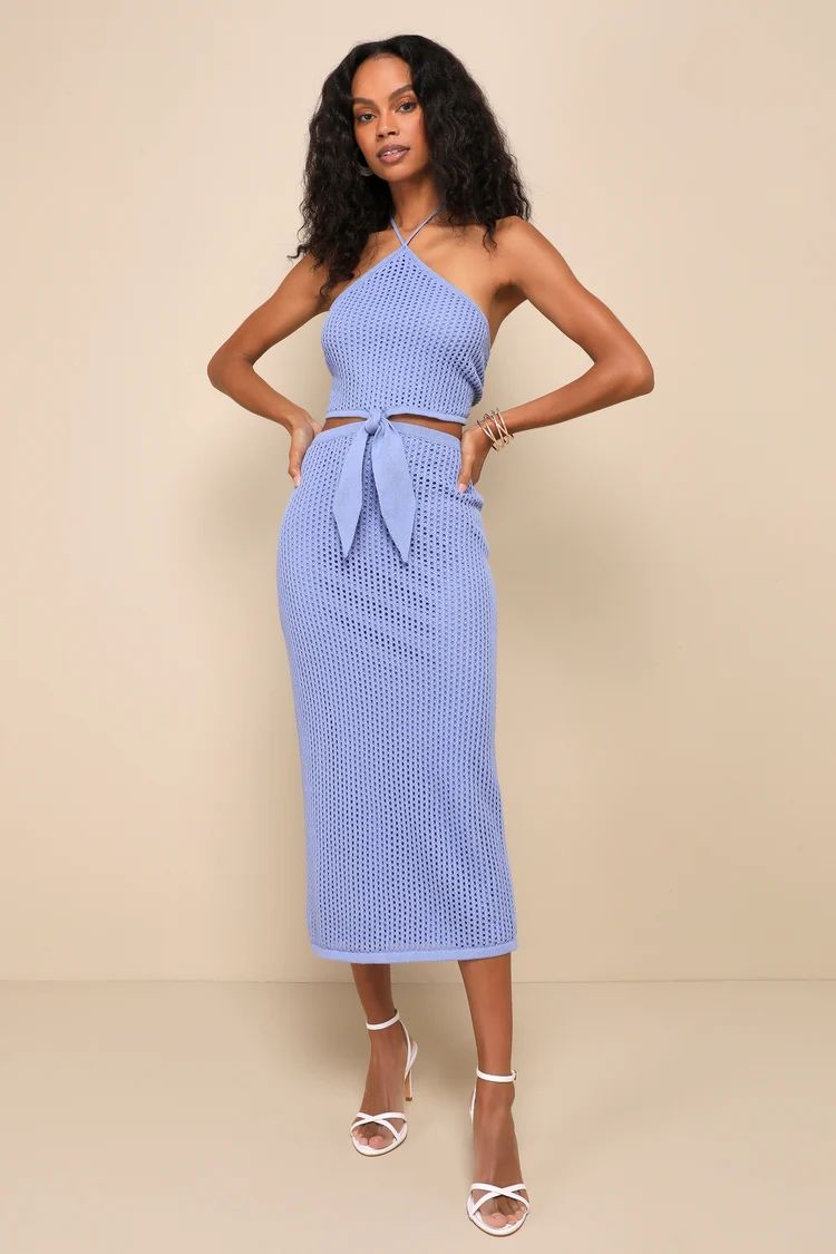 Sunny Serenity Periwinkle Crochet Cutout Halter Midi Dress | Lulus