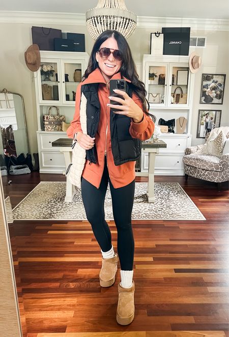 Comfy fall outfit
Wearing small in sweater and leggings and 4 in vest
Sweater is rust color 

#LTKSeasonal #LTKstyletip #LTKfindsunder50