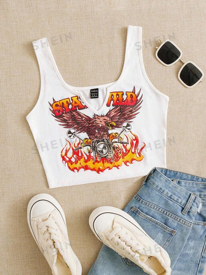 SHEIN EZwear Eagle & Letter Graphic Notched Neck Crop Tank Top | SHEIN