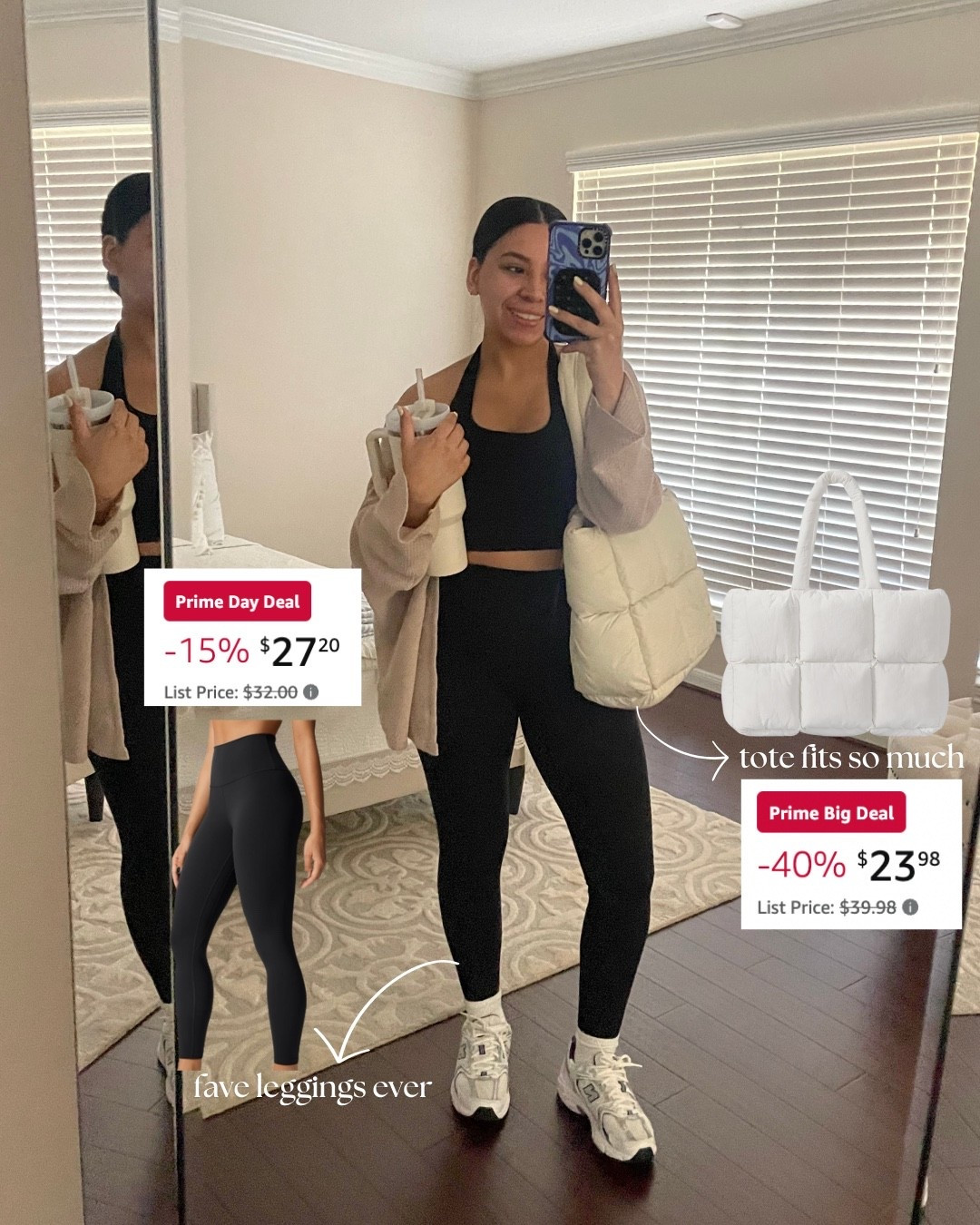 Amazon prime big deal days fashion faves 
Leggings: small 
Sports bra: small 
Sneakers: 4.5 men 
White socks 
Cardigan 
Puffer tote bag 

#LTKActive #LTKFindsUnder50 #LTKSaleAlert