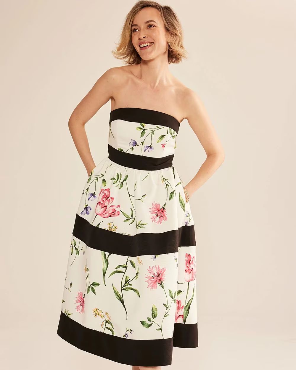 Strapless Floral Contrast Fit & Flare Dress | White House Black Market