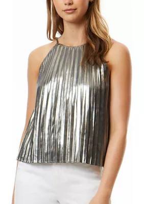 Adrienne Landau Onyx Women's Metallic Pleated Halter Top, Silver, X-Large | Belk