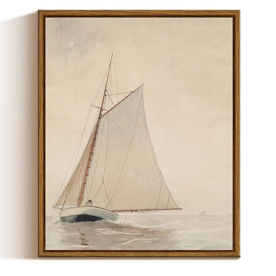 InSimSea Framed Canvas Wall Art,White Sailboat Seascape Watercolor Vintage Painting on Canvas - C... | Amazon (US)