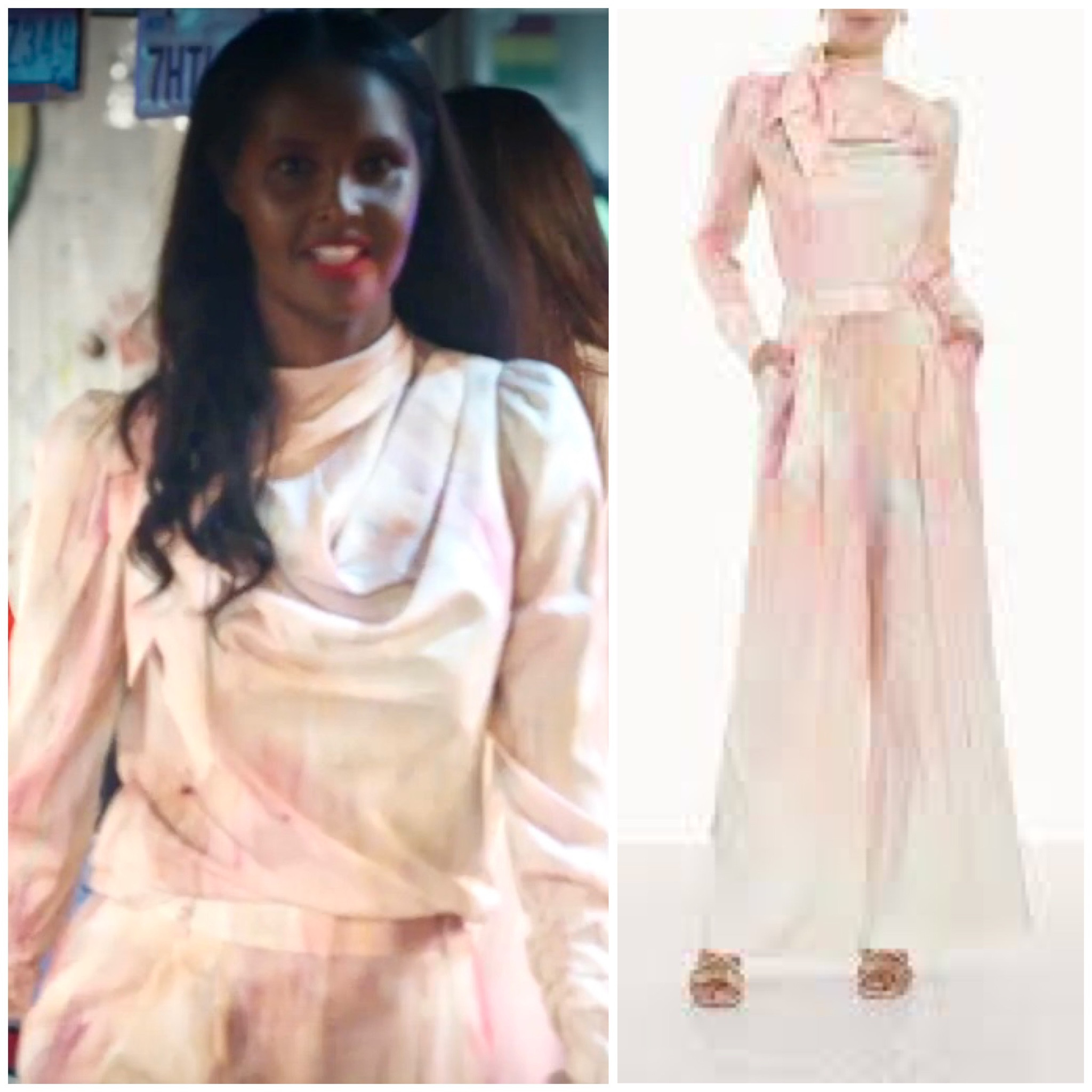 Ubah Hassan’s Pastel Marble Print Draped Blouse and Pants in Anguilla (pants sold out by Zimmermann)