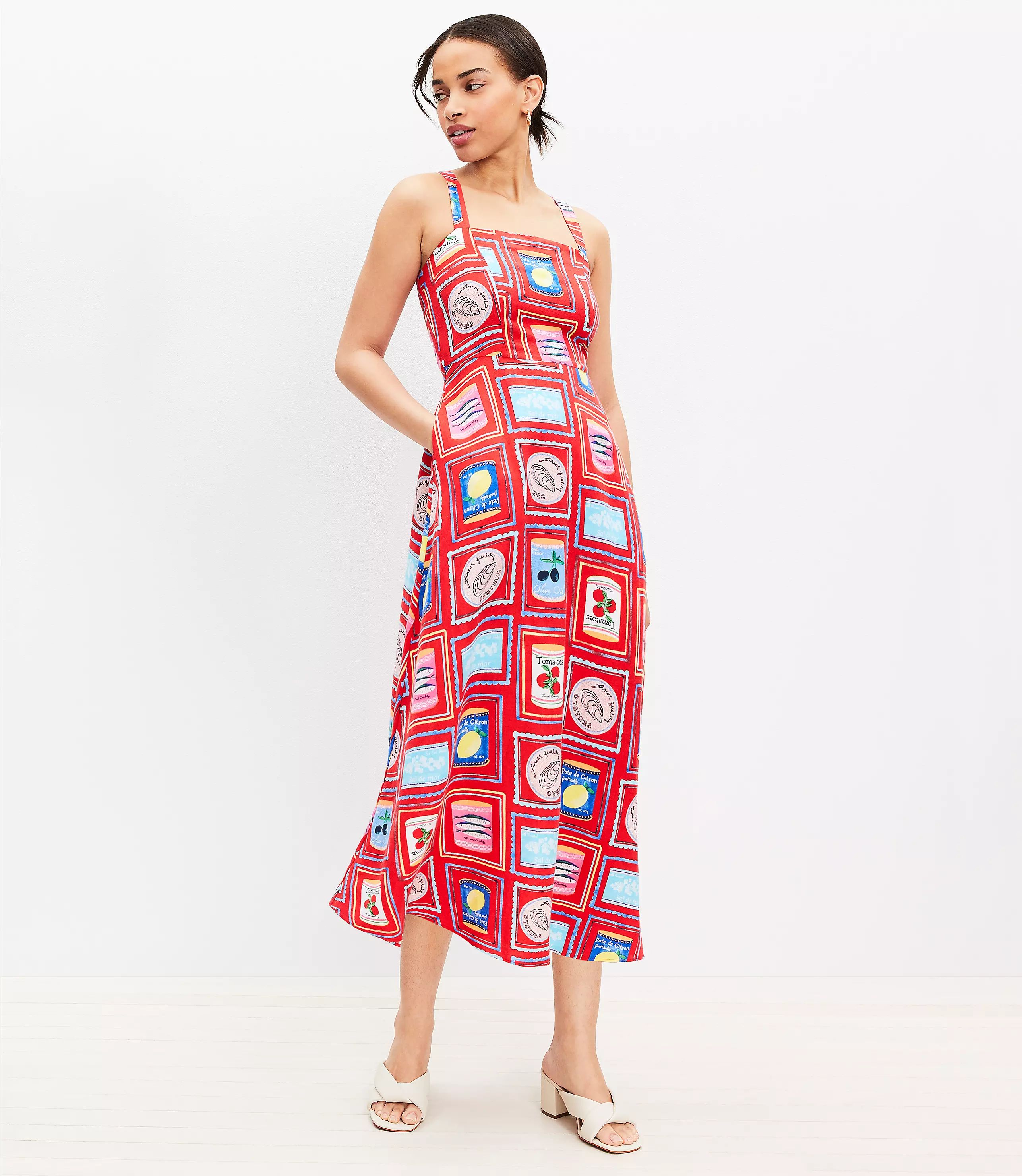 Petite Can Print Linen Blend Strappy Midi Dress | LOFT