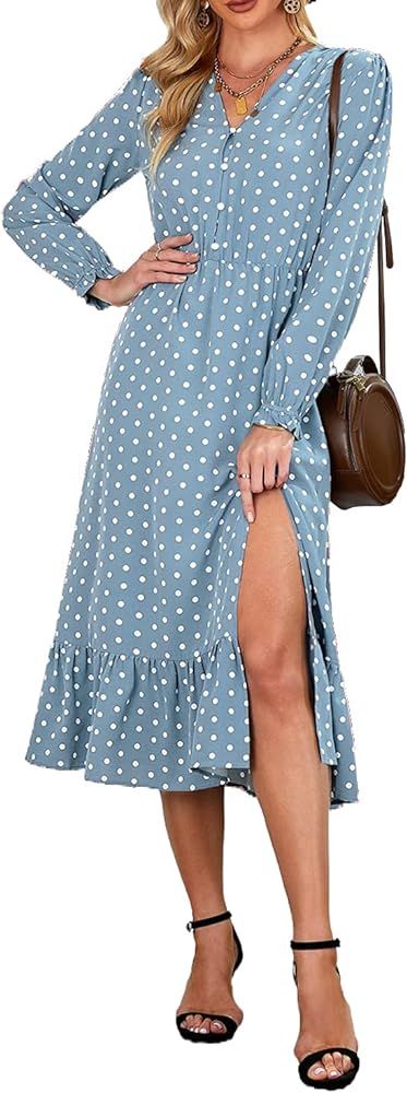 PRETTYGARDEN Women's Boho Long Sleeve Polka Dot V Neck Button Ruffle Midi Dress Flowy A-Line Side... | Amazon (US)