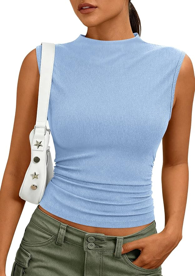 PRETTYGARDEN Sleeveless Tops for Women Ribbed Mock Neck Tank Top Slim Fitted Ruched Basic Layerin... | Amazon (US)