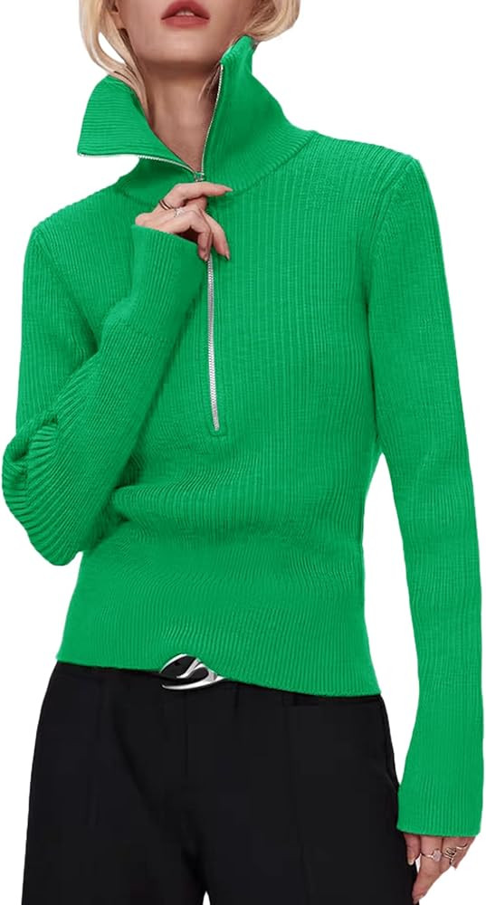 Prettywear Women's Quarter Zip Pullover Sweaters 2024 Long Sleeve Collared Slim Fit Ribbed Knit B... | Amazon (US)