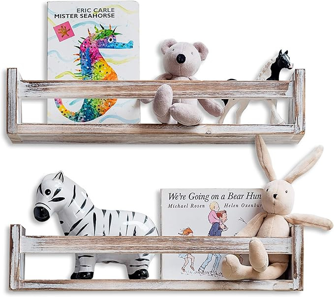 Set of 2 Rustic Floating Bookshelf Nursery, Farmhouse Hanging Book Shelves for Wall, Wall Shelves... | Amazon (US)