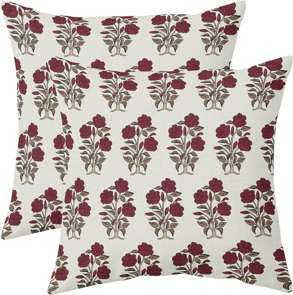 Brown Red Floral Block Print Pillow Covers 20x20 Set of 2 Chinoiserie Flower Leaves Outdoor Decor... | Amazon (US)
