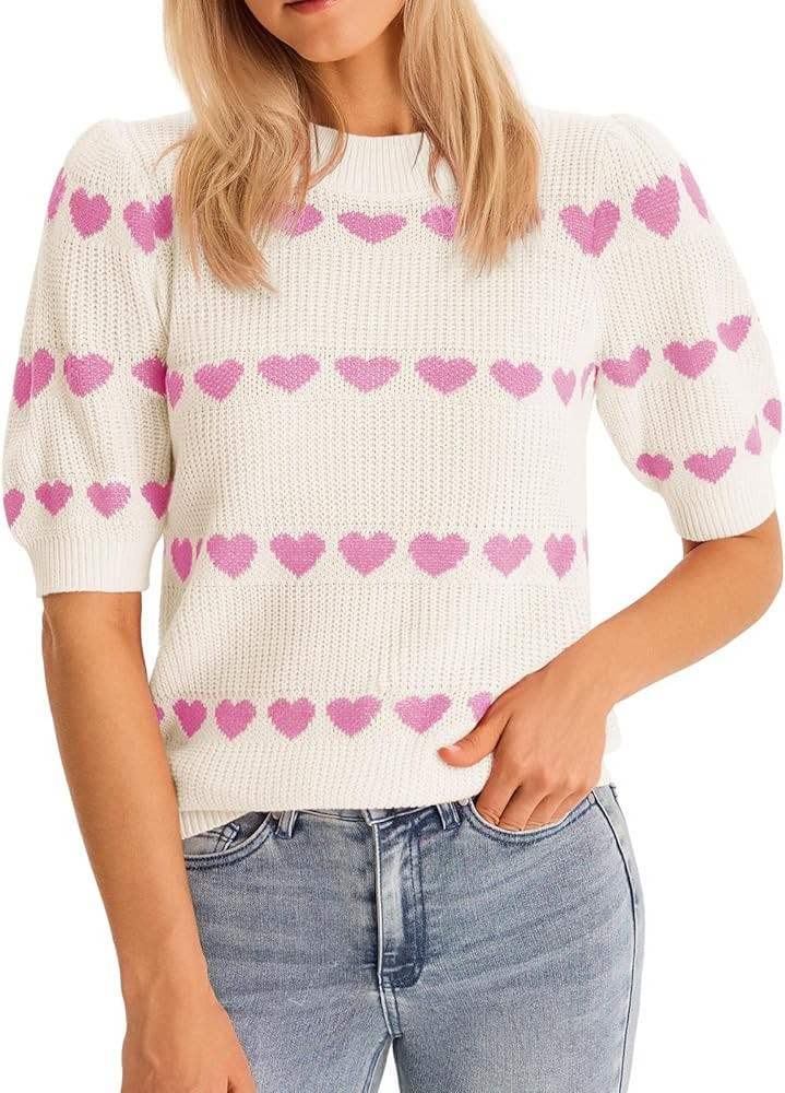 Saodimallsu Womens Heart Striped Sweaters Valentines Puff Short Sleeve Sweaters Cute Lightweight ... | Amazon (US)