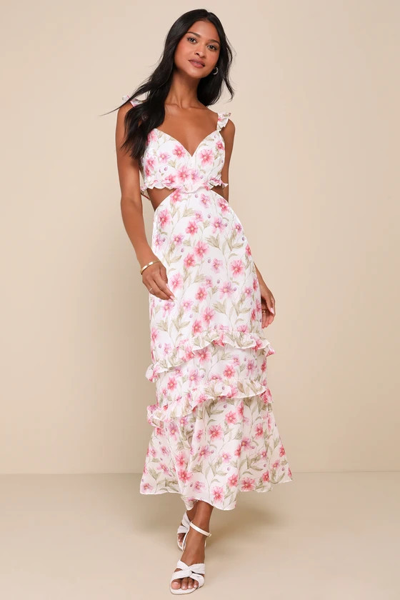 Spectacularly Gorgeous White Floral Cutout Ruffled Maxi Dress | Lulus