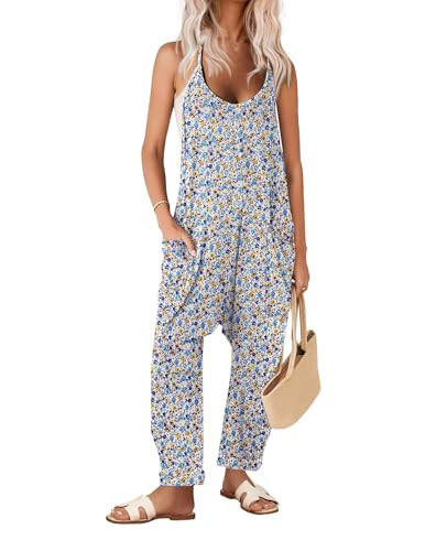 Ekouaer Womens Sleeveless Jumpsuit Loose Spaghetti Strap Baggy Overalls Jumpers Casual Long Pants Rompers with Pockets White Floral L | Amazon (US)