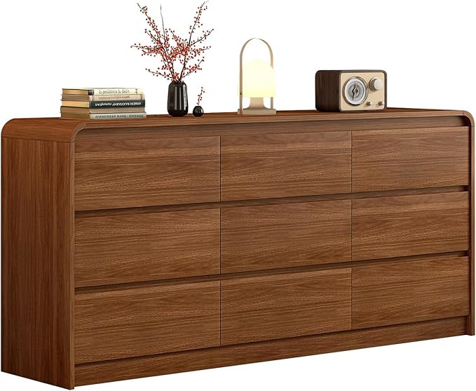 Modern 9 Drawer Dresser, 63-Inch Wood Chest of Drawers, Curved Anti-Collision Design, Mid-Century... | Amazon (US)