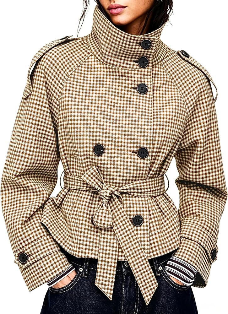 Women's Gingham Trench Coat Double Breasted Short Jacket | Amazon (US)