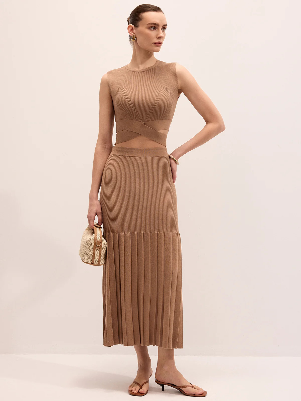 Cut-Out Knit Top & Pleated Midi Skirt Set | Commense