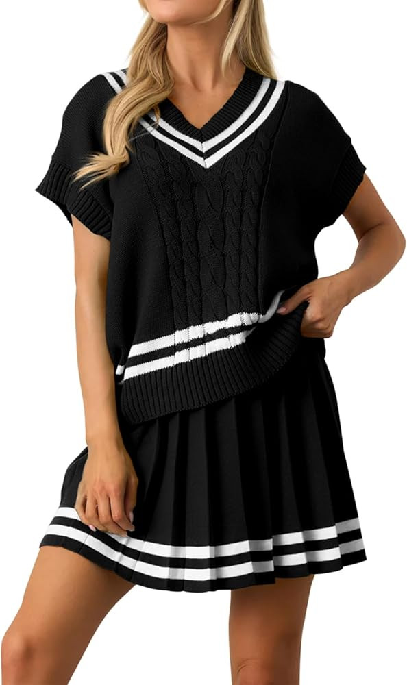Women 2 Piece Skirt Sets Summer Short Sleeve Cable Striped Knit Tops and Pleated Mini Skirt Two P... | Amazon (US)