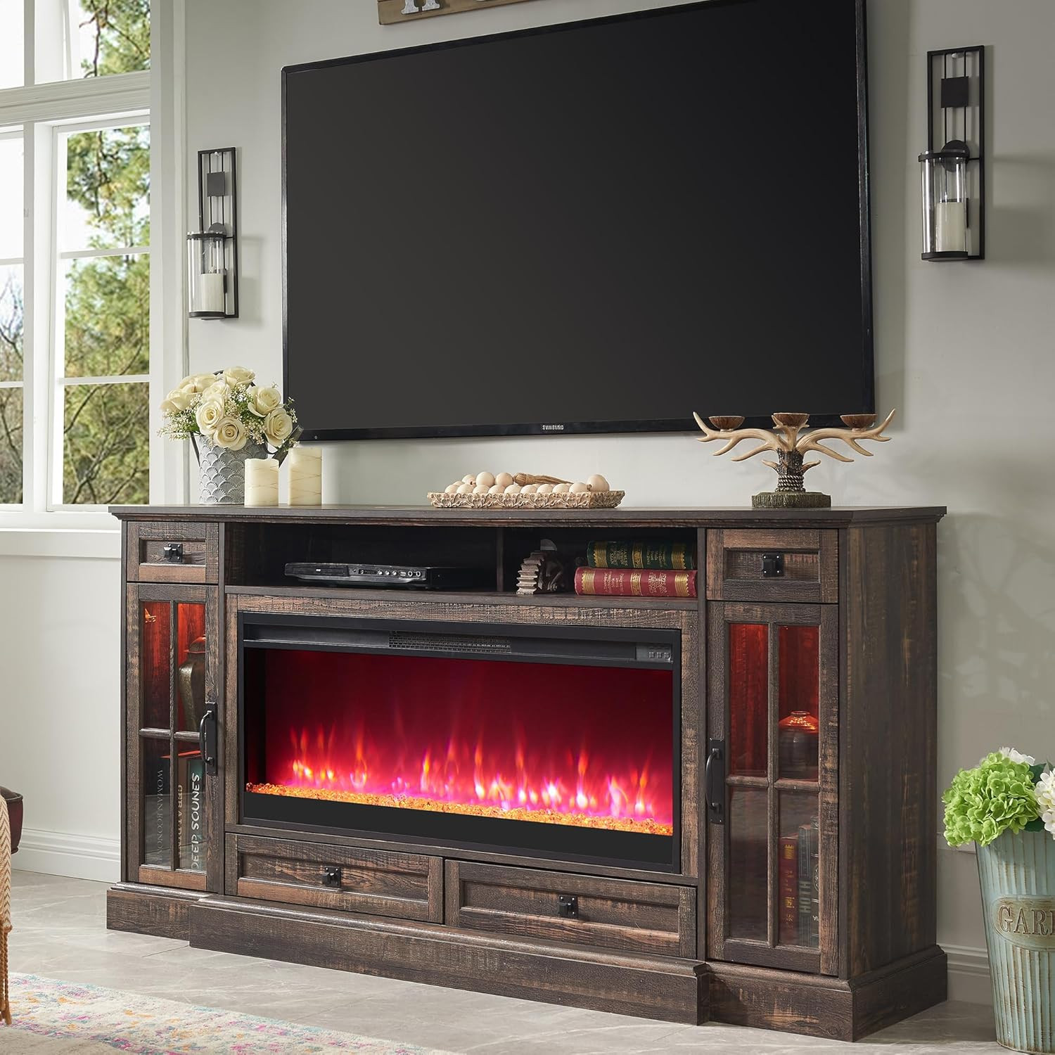 OKD Fireplace TV Stand for 80 Inch TV, Farmhouse Entertainment Center with 42" Fireplace & LED Li... | Amazon (US)