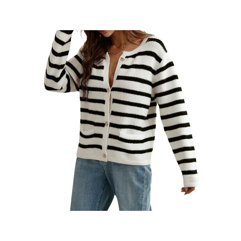 FOCUSNORM Knit cardigan for women, Long Sleeve Coat Stripe Round Neck Slim Fit Button Knitwear | Walmart (US)