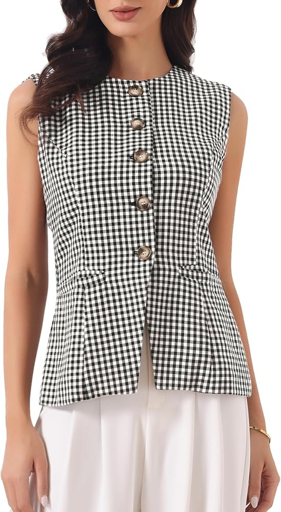 Allegra K Plaid Vest Top for Women's Gingham Button Down Sleeveless Office Crew Neck Dressy Waist... | Amazon (US)