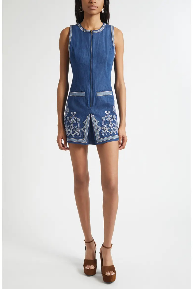 Ramy Brook Paulina Embroidered Sleeveless Denim Minidress in Tonal Embroidered Denim at Nordstrom, Size 0 | Nordstrom