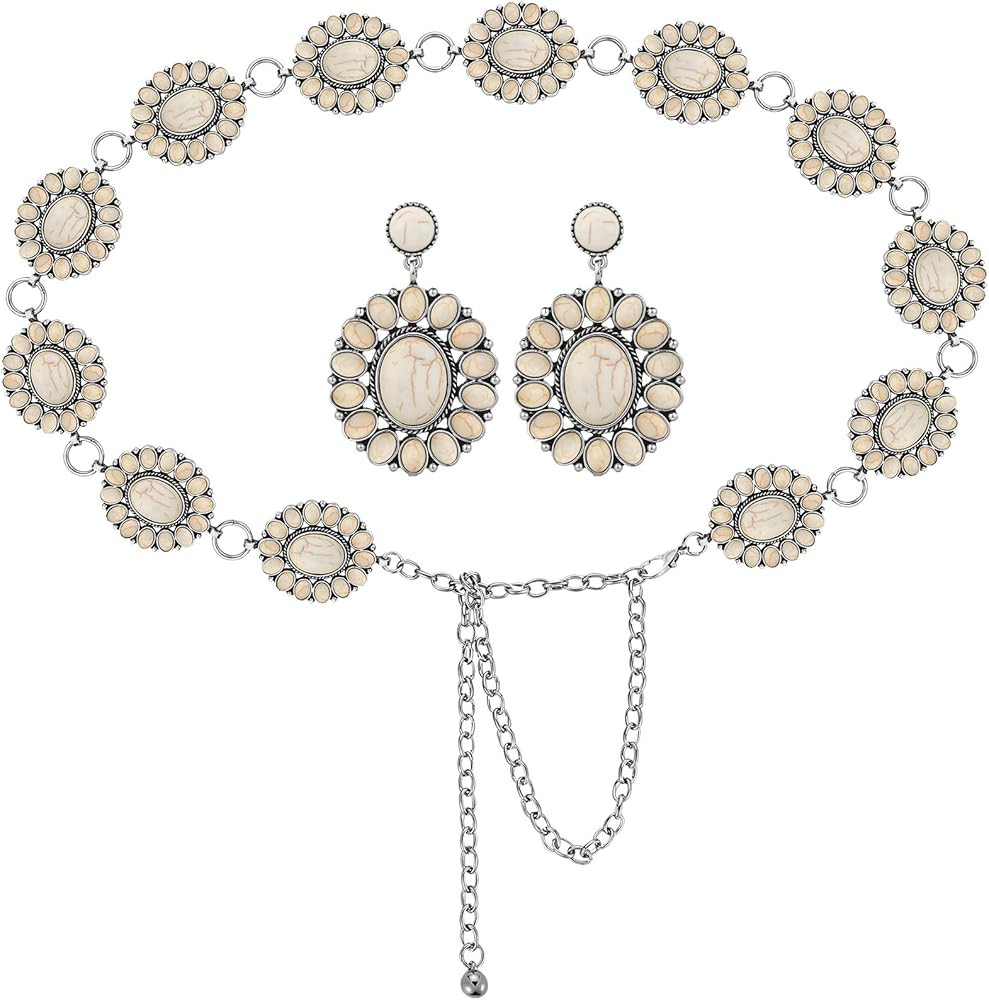 White Turquoise Concho Chain Belt Metal Western Waist Belts for Women Boho Belt Turquoise Drop Ea... | Amazon (US)
