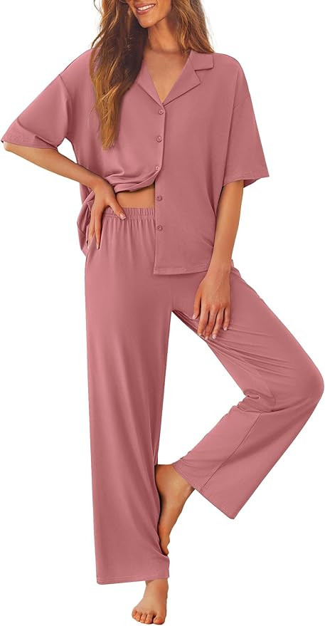 Ekouaer Women Pajamas Set Button Down Sleepwear Short Sleeve Pjs Soft Comfy Nightwear with Long P... | Amazon (US)