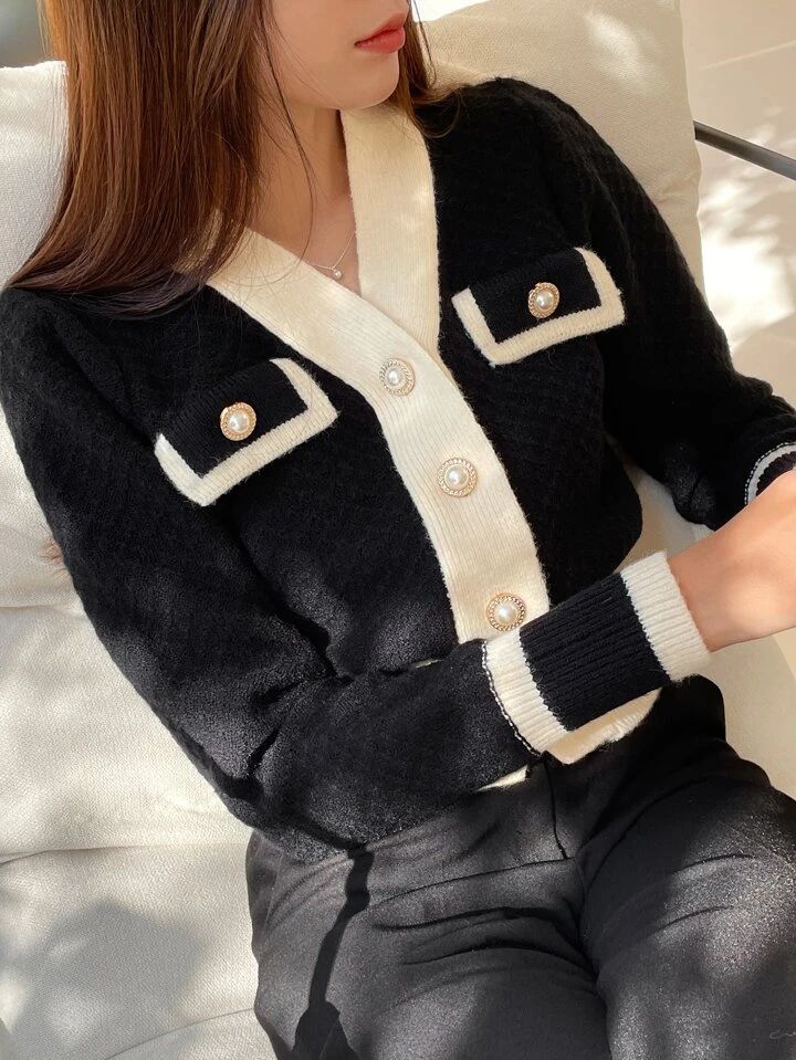 DAZY Contrast Trim Button Front Cardigan | SHEIN