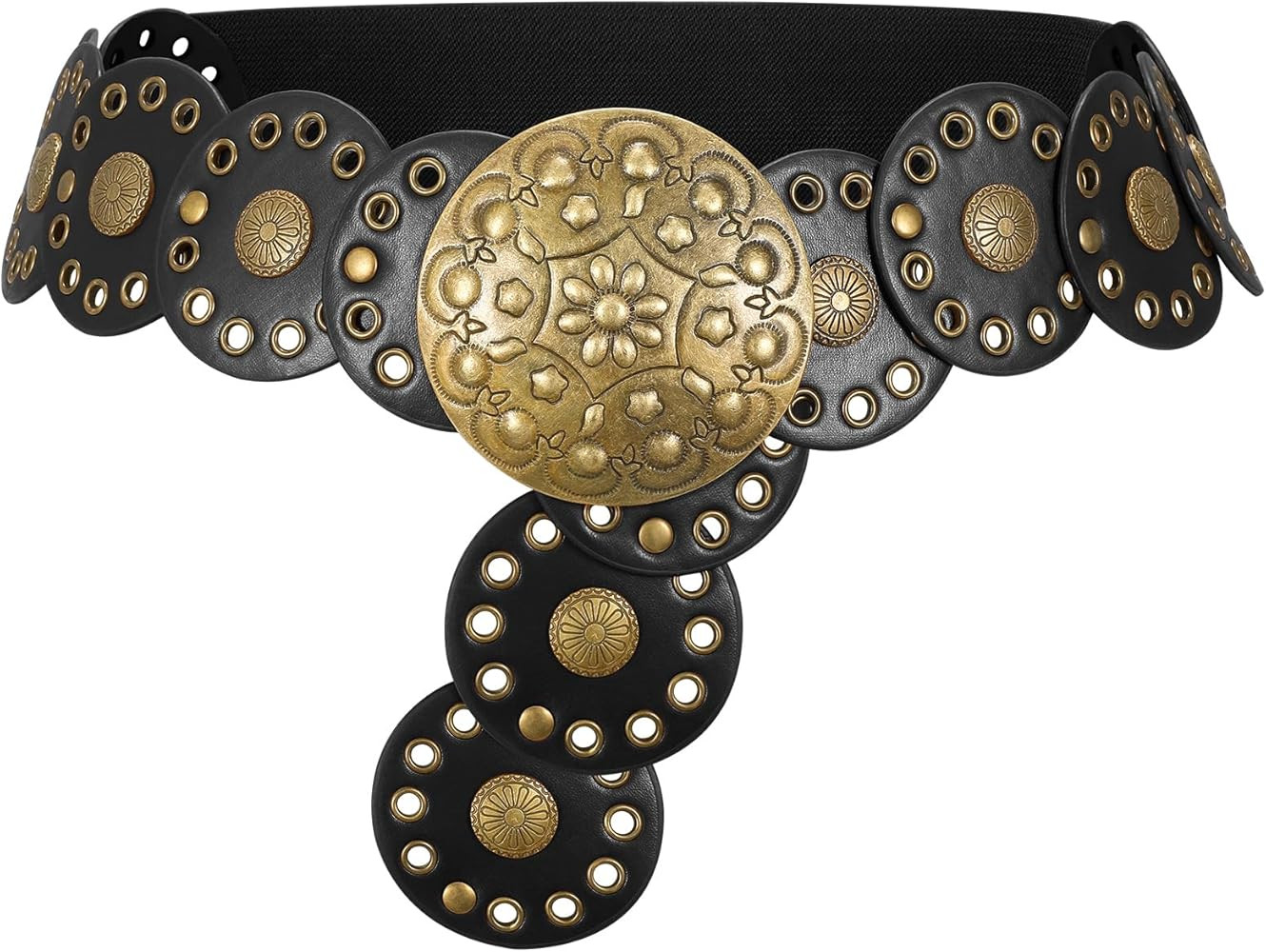 Western Boho Chunky Cowgirl Disc Belt for Women Circle Country Concho Big Wide Leather Elastic Waist Belts | Amazon (US)