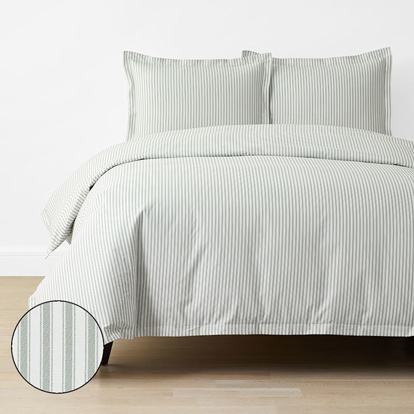 Lucenda Classic Cool Cotton Percale Duvet Cover Set - Textured Stripe Green, Full/Queen | The Company Store | The Company Store