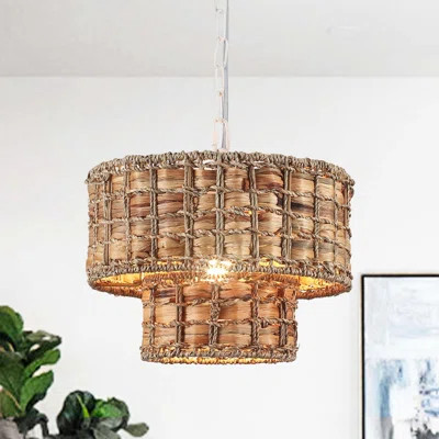 1- Light 12 inch 2-Tier Dimmable Drum Chandelier Natural Rattan Bohemian Kitchen Lighting with E26 Socket | Wayfair North America