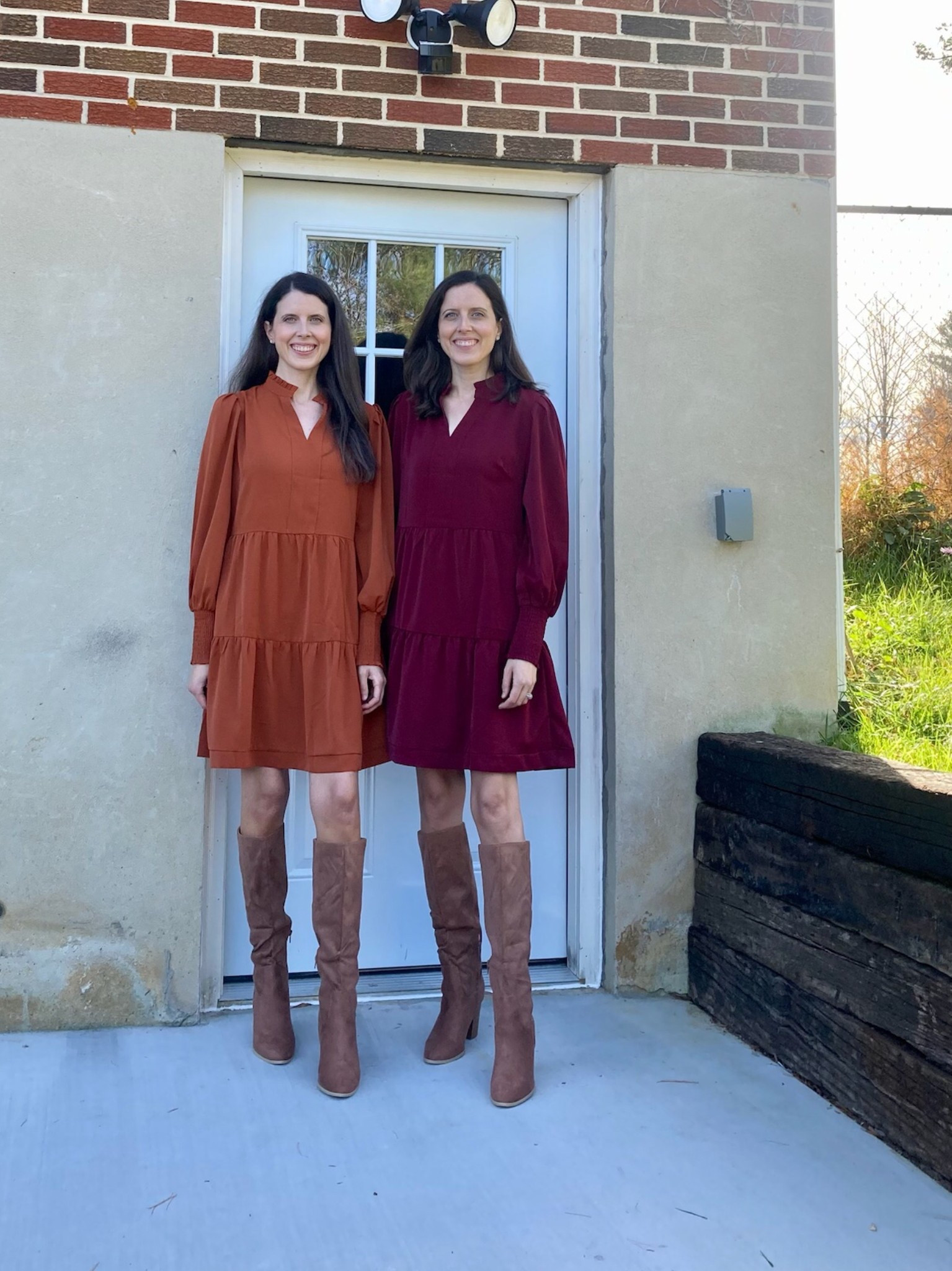 We’ve found the perfect fall dress and boots! 🤎🍁

Autumn dress, Burgundy dress, orange dress, long sleeve fall dress, over the knee boots, tan belt, knee length dress. Twin sisters, fall outfits, fall dresses, fall family photos, teacher outfit, date night dress 
