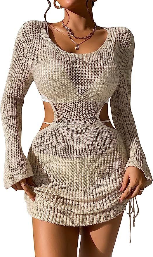 MakeMeChic Women's Knitted Swimsuit Cover Up Tie Open Back Drawstring Beach Cover Up Dress | Amazon (US)