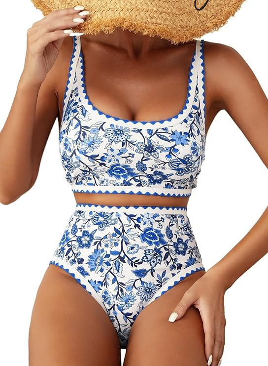 Herseas Women's Bikini Sets Floral Print Whip Stitch 2 Piece Swimsuits High Waisted Scoop Bathing... | Amazon (US)