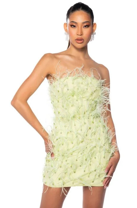 PRIMROSE STRAPLESS EMBELLISHED FEATHER MINI DRESS in light green | AKIRA