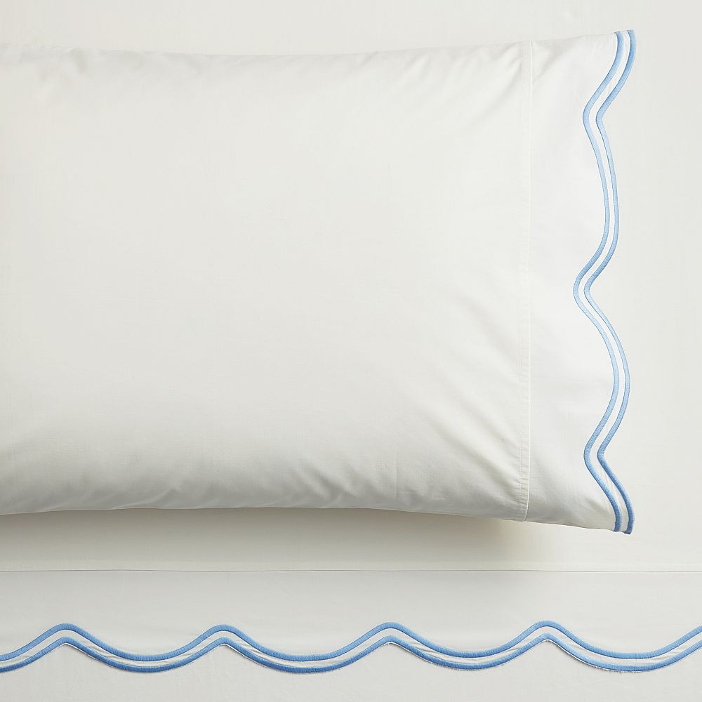 LoveShackFancy Embroidered Scallop Sheet Set, Queen, Ivory/blue | Pottery Barn Teen