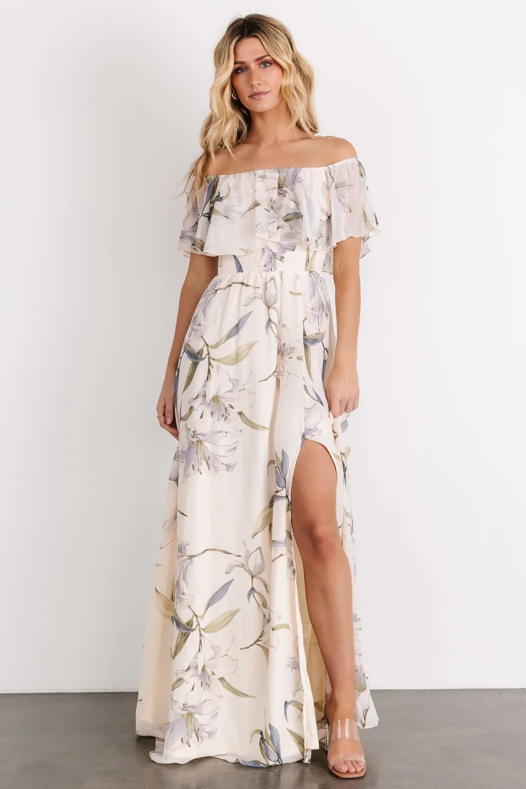 Daphne Off Shoulder Maxi Dress | White + Green Multi Floral | Baltic Born