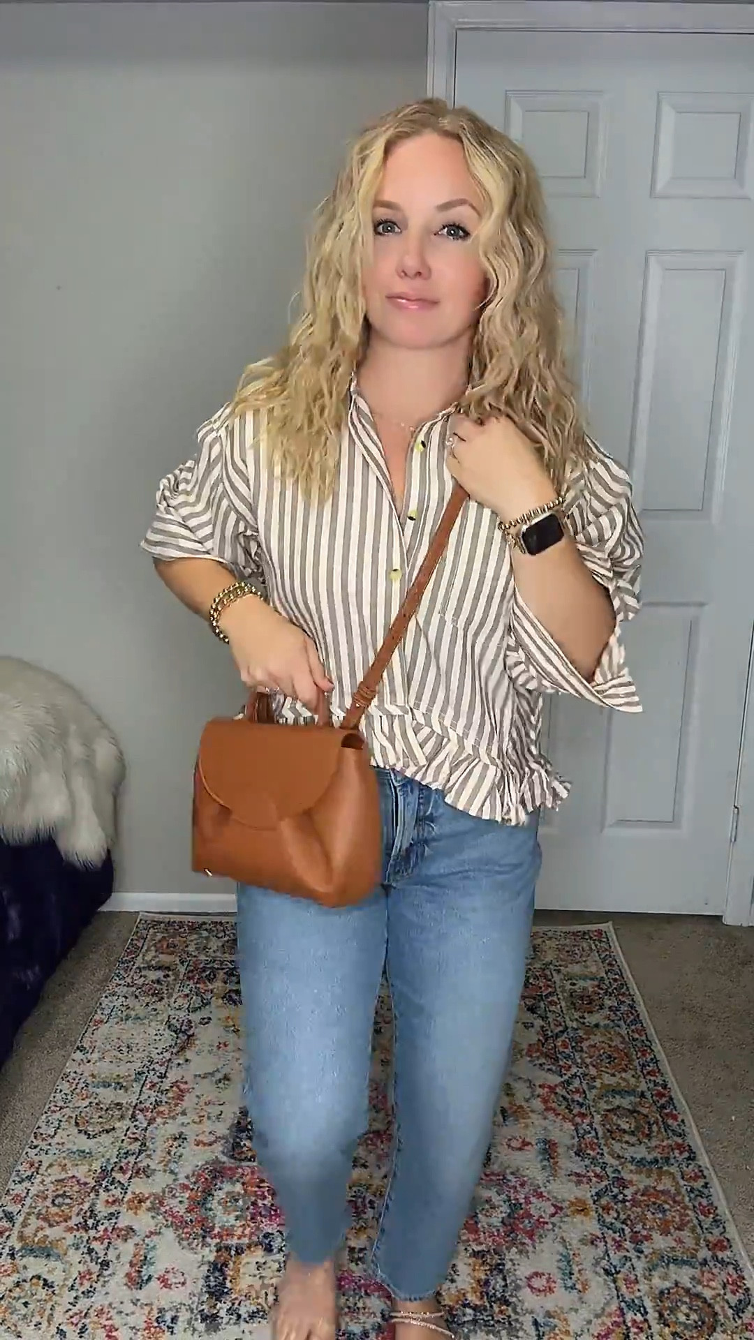 Spring outfit idea — cropped striped button down shirt, light wash jeans from old navy, brown purse and sandals. Everything fits tts







 casual outfit Ideas  | Outfits | Amazon Casual Outfit | Cute casual outfits | Preppy Outfit 

#LTKPetite #LTKootd #LTKFindsUnder50