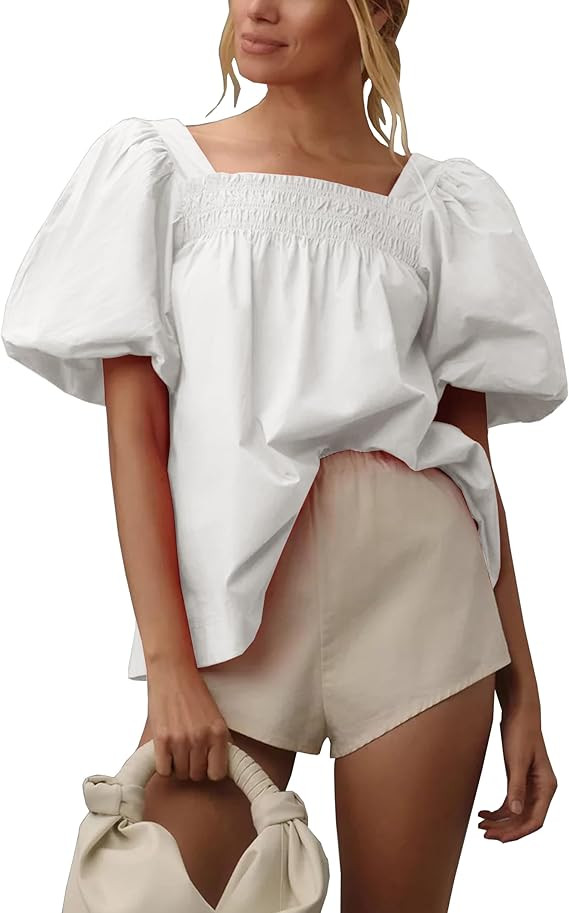 Short Puff-Sleeve Dressy Blouses Smocked Square Ruffle Neck Loose Shirts Casual Womens Tops | Amazon (US)