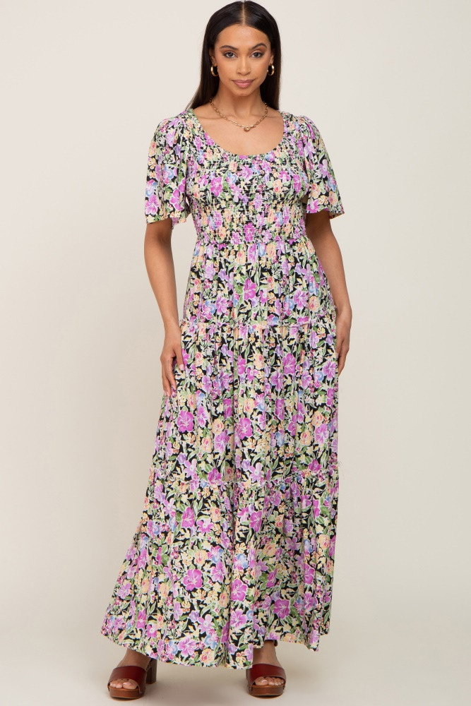 Black Floral Smocked Ruffle Tier Maxi Dress | PinkBlush Maternity