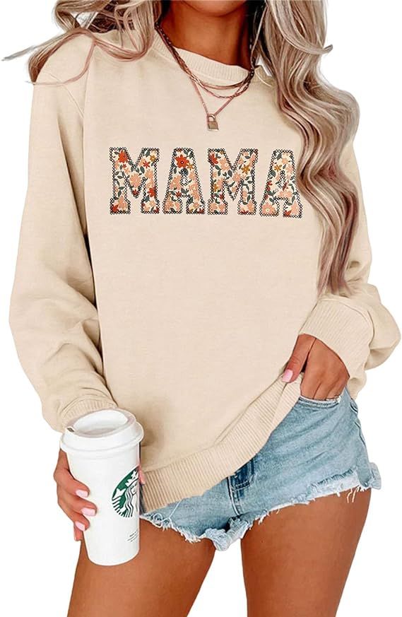 BOUTIKOME Mama Sweatshirt Women Funny Mama Letter Print Graphic Mom Life Long Sleeve Crewneck Pul... | Amazon (US)