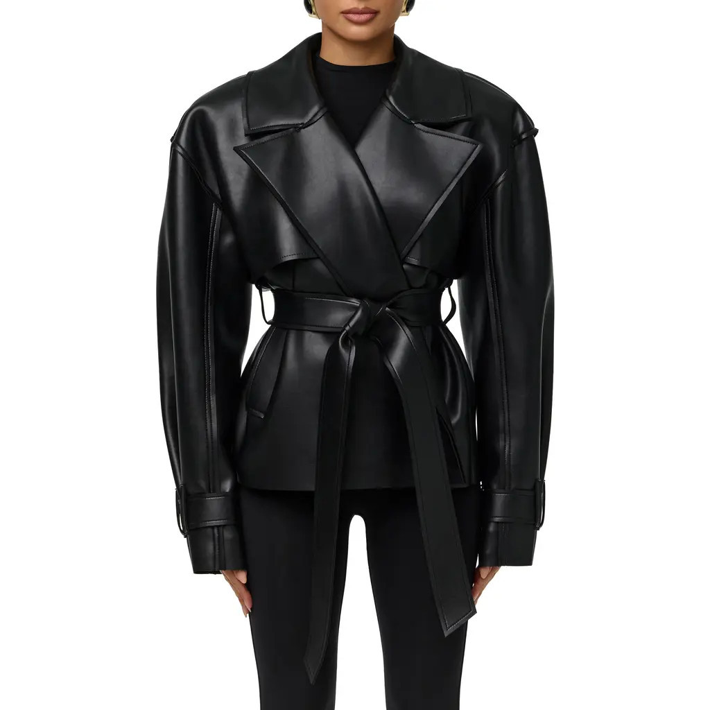 Naked Wardrobe Faux Leather Crop Trench Coat in Black at Nordstrom, Size Medium | Nordstrom